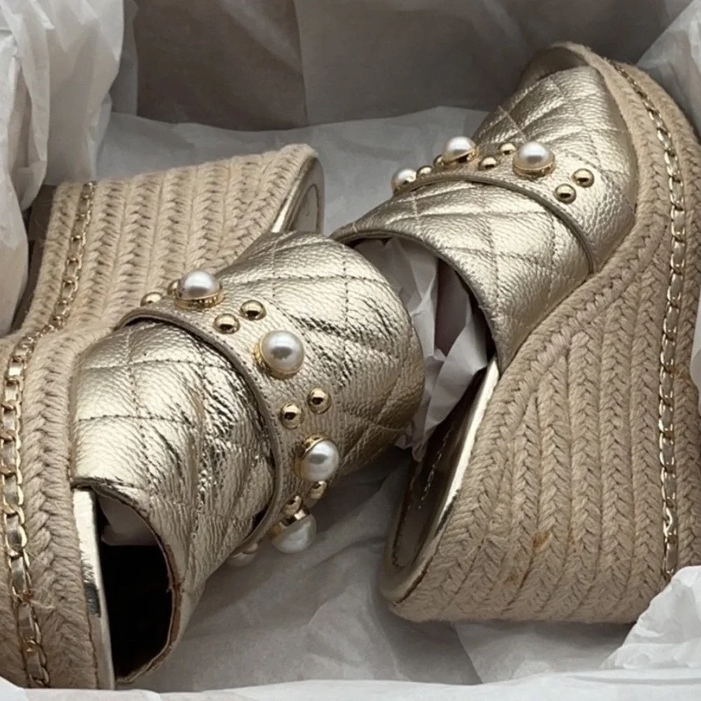 Karl Lagerfeld Paris Gold Quilted Leather Pearl Studded Espadrille Wedge 7